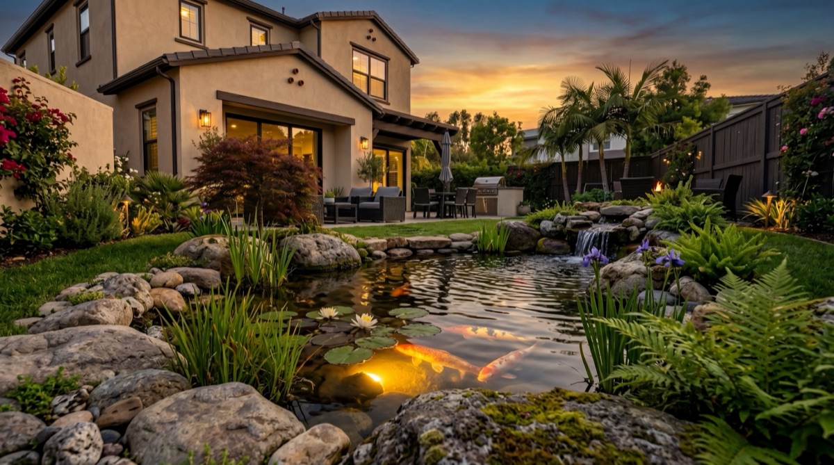 Naturalistic backyard koi pond at sunset — Southern California