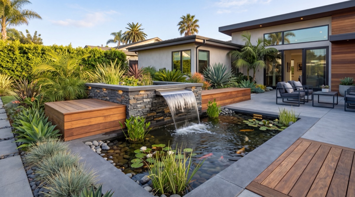 Modern koi pond with stacked-stone waterfall — Orange County