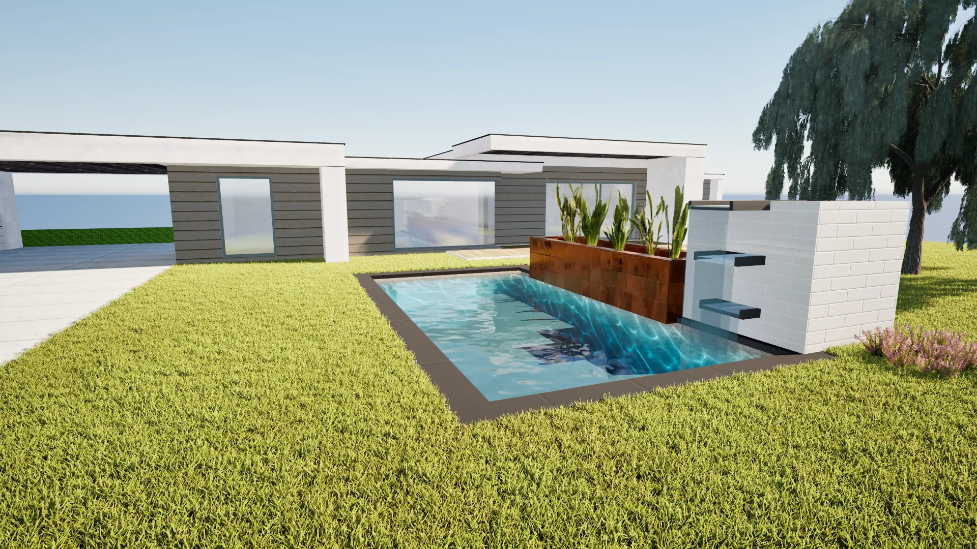 Modern linear koi pond construction concept Los Angeles